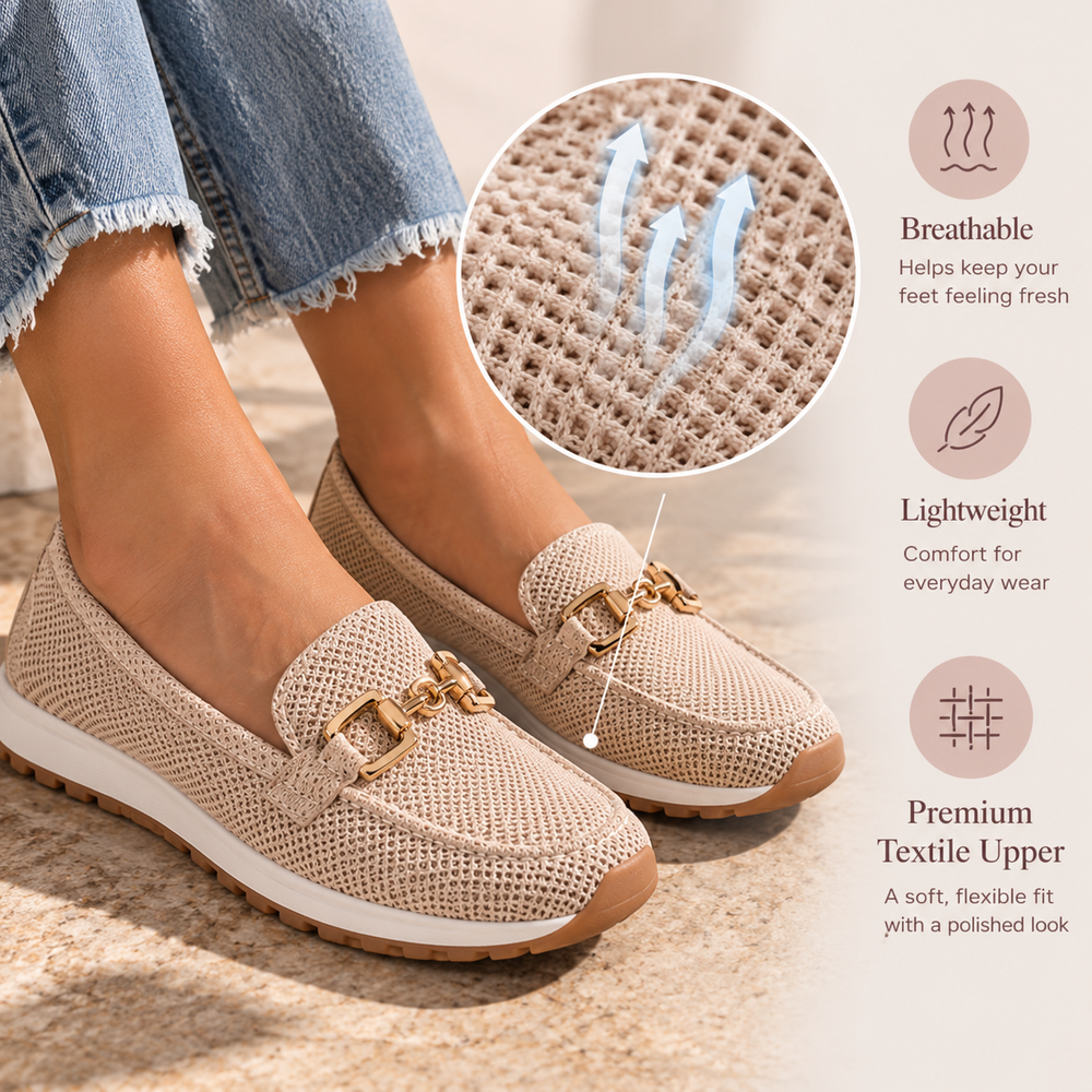Beige woven loafer sneakers with a close-up of the breathable textile upper