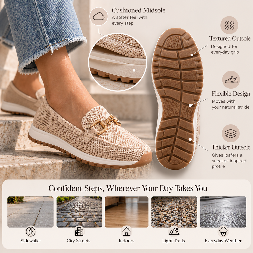 Textured outsole and cushioned midsole of a beige loafer sneaker