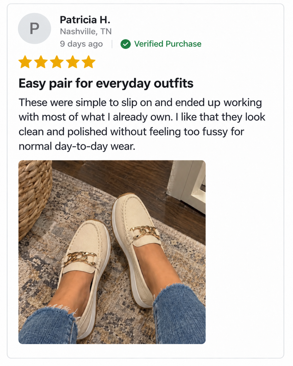 Sample review card preview with women's loafers
