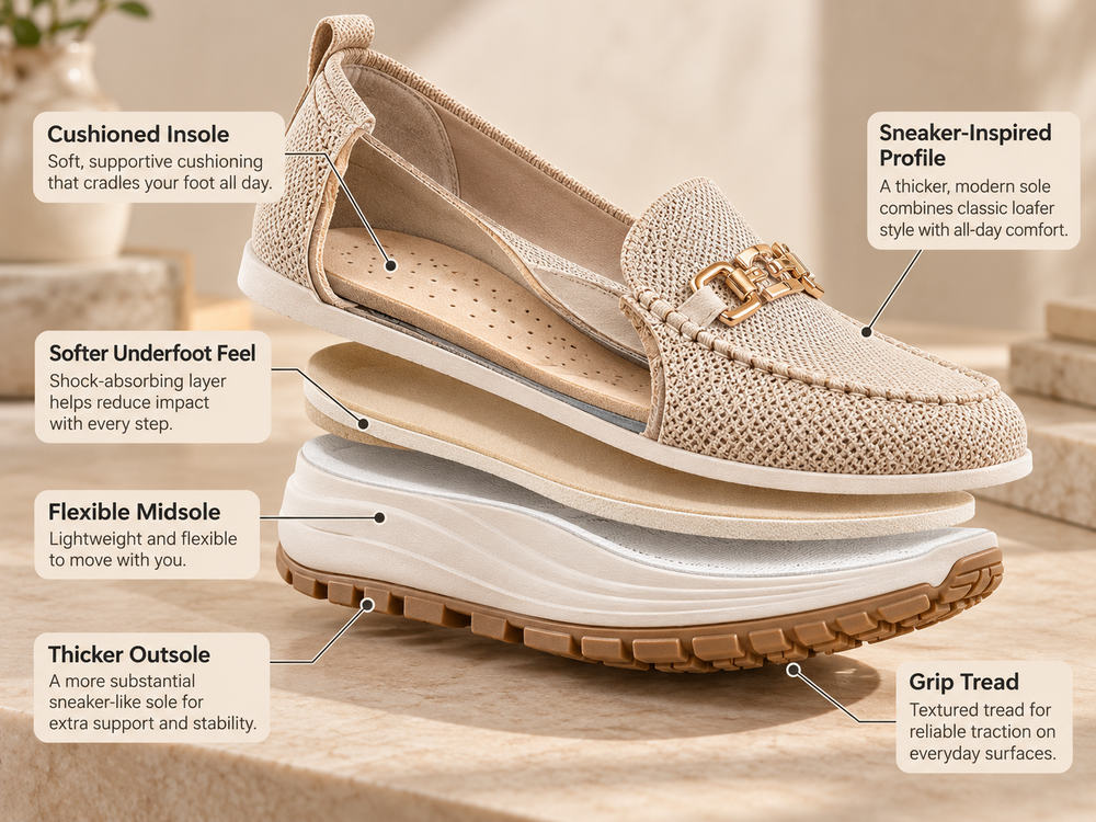 Illustrative cutaway of a beige loafer sneaker showing the insole, midsole and outsole layers