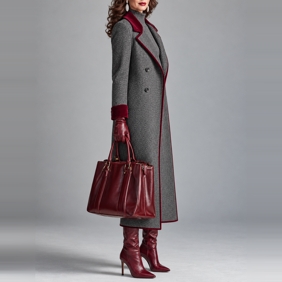 The Heritage™ | Elegant Herringbone Wool Long Coat with Velvet Trim