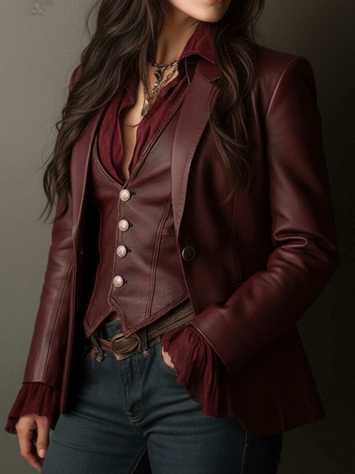 Vintage Burgundy Eco Leather Blazer