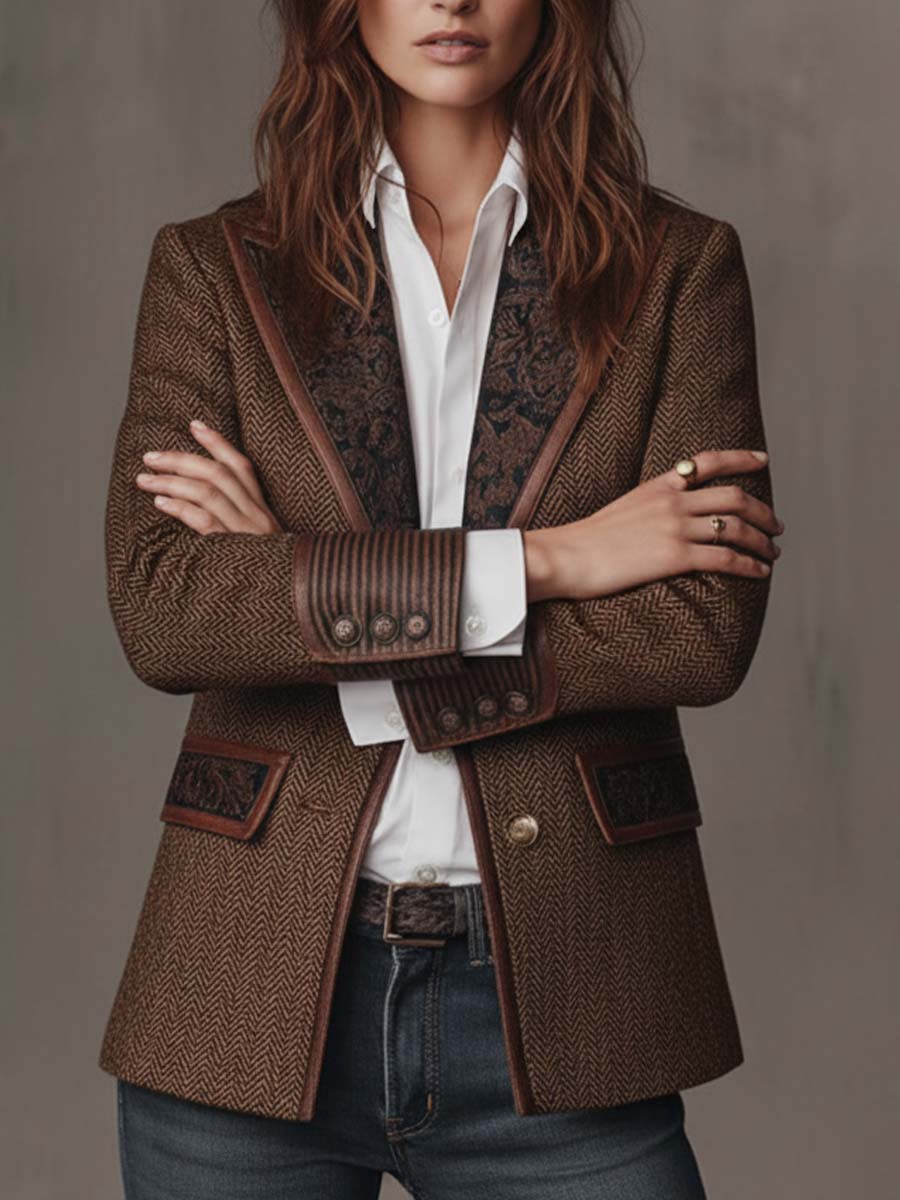 Herringbone Tweed Blazer With Printed Panels