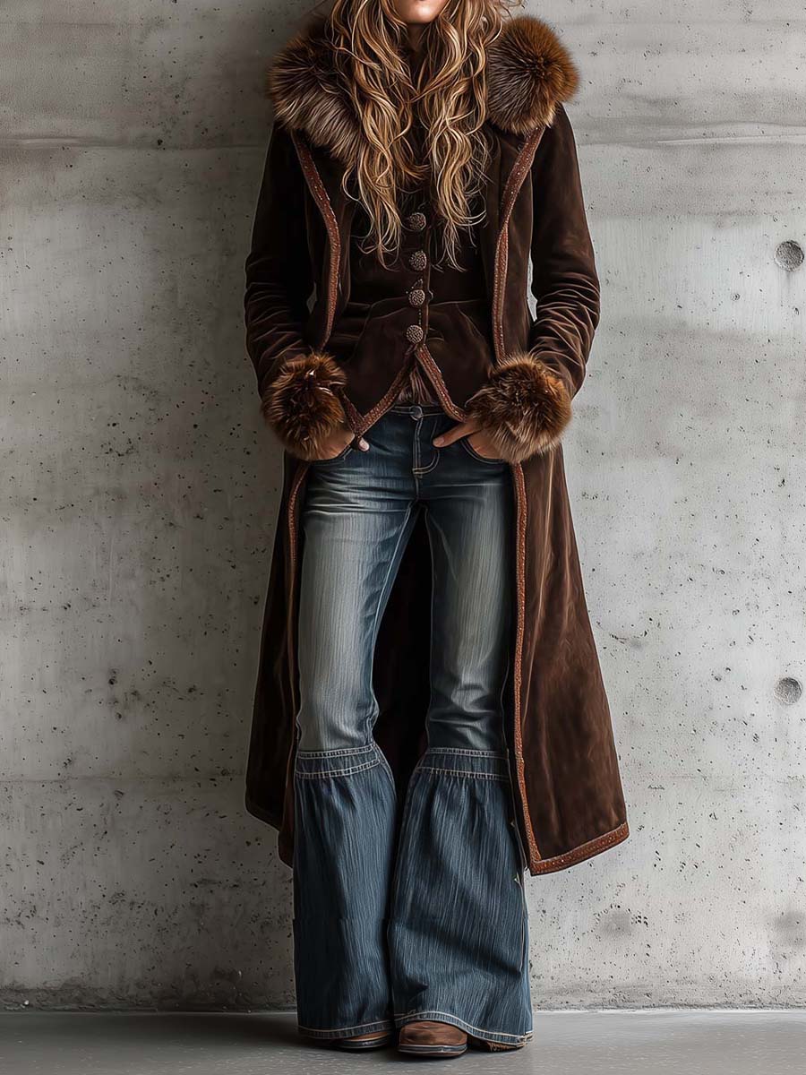 Brown Microfiber Suede Maxi Coat With Metal Buttons And Faux Fur Frim