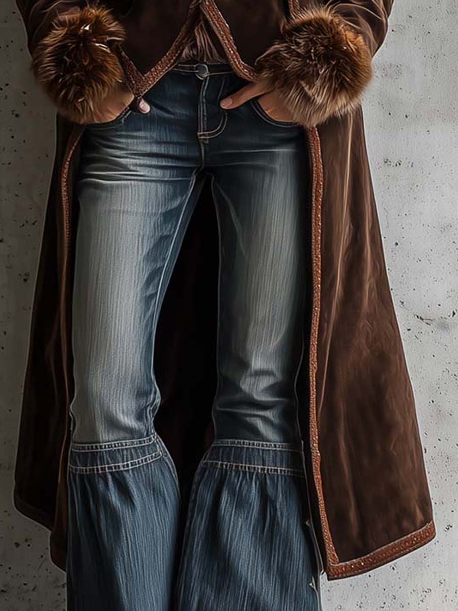 Brown Microfiber Suede Maxi Coat With Metal Buttons And Faux Fur Frim
