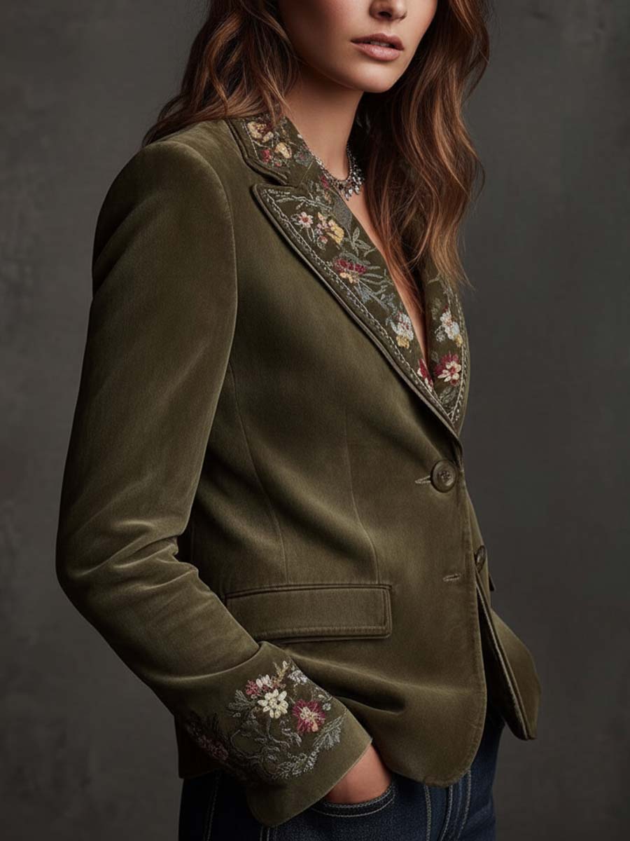 Olive Green Velvet Blazer With Intricate Floral Embroidery