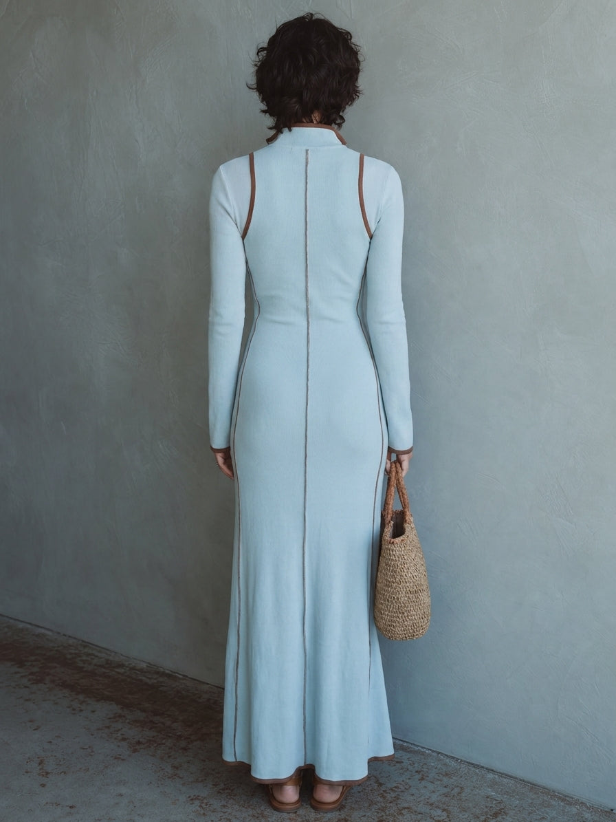 Women's Casual Fitted Color-Block Long-Sleeve Maxi Dress In Stretch Knit MDZ2064G0WY
