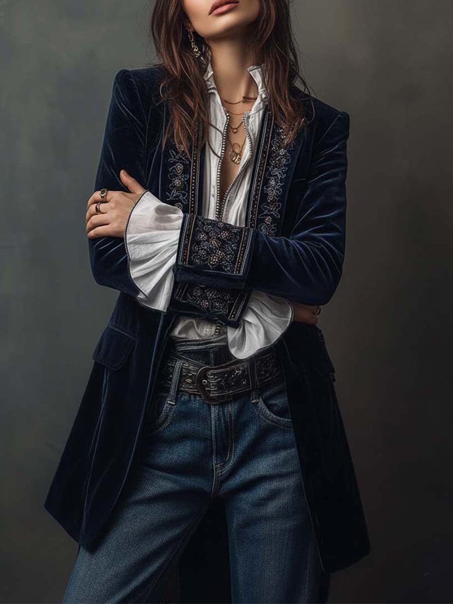 Vintage Navy Polyester Velvet Embroidered Long Jacket