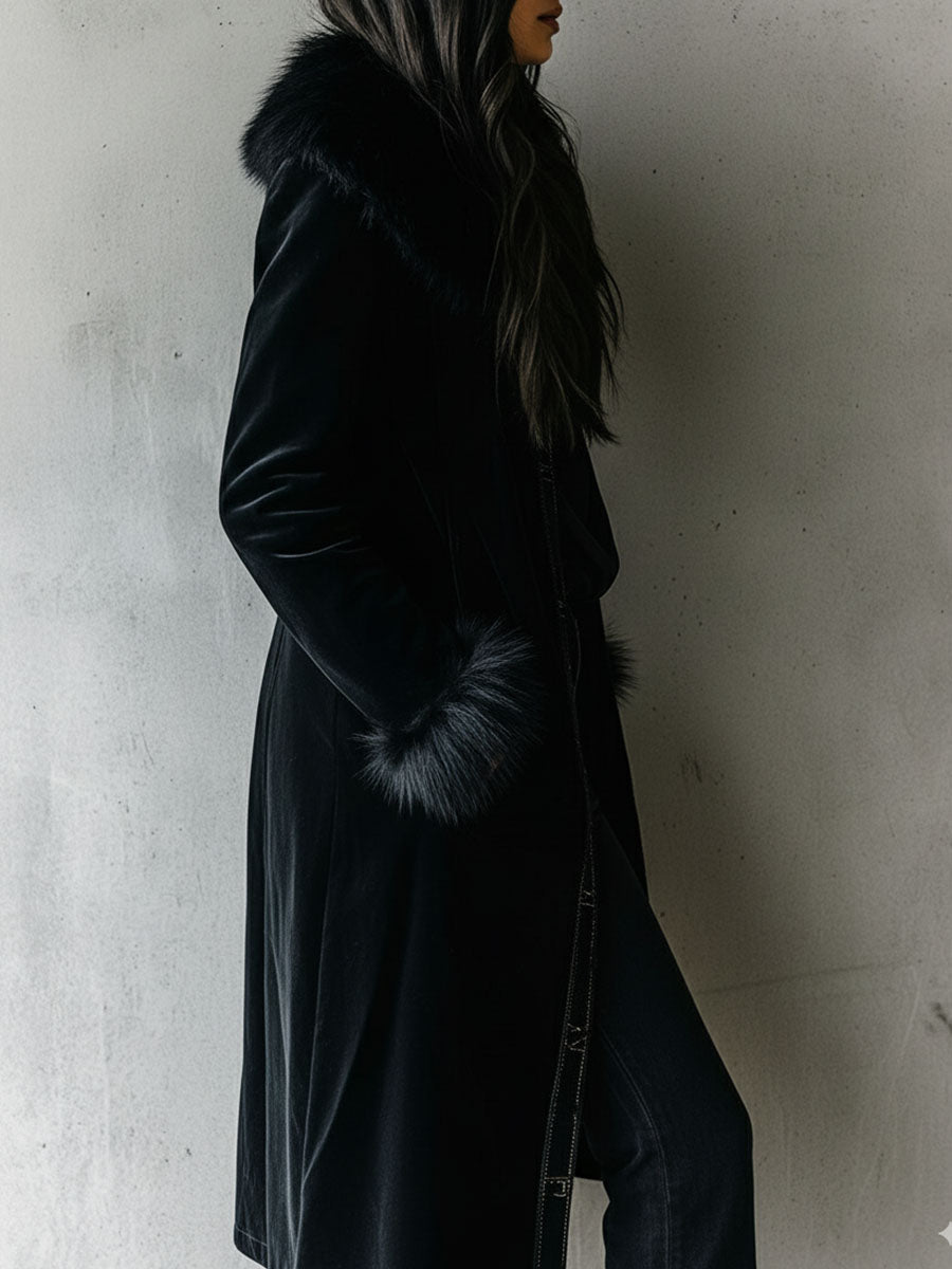 Elegant Tailoring Long Black Velvet Coat With Eco Fur Collar & Cuffs