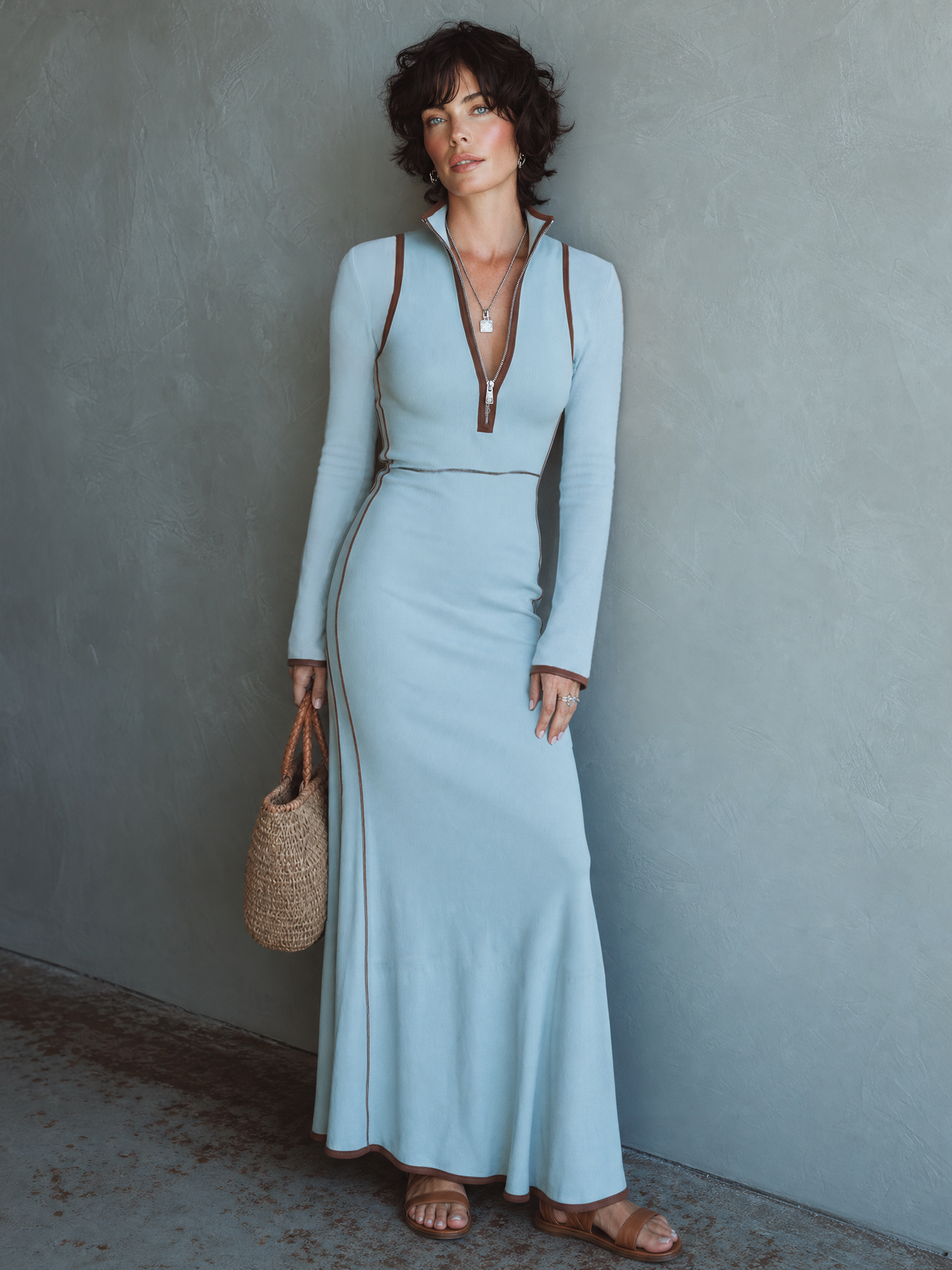 Women's Casual Fitted Color-Block Long-Sleeve Maxi Dress In Stretch Knit MDZ2064G0WY