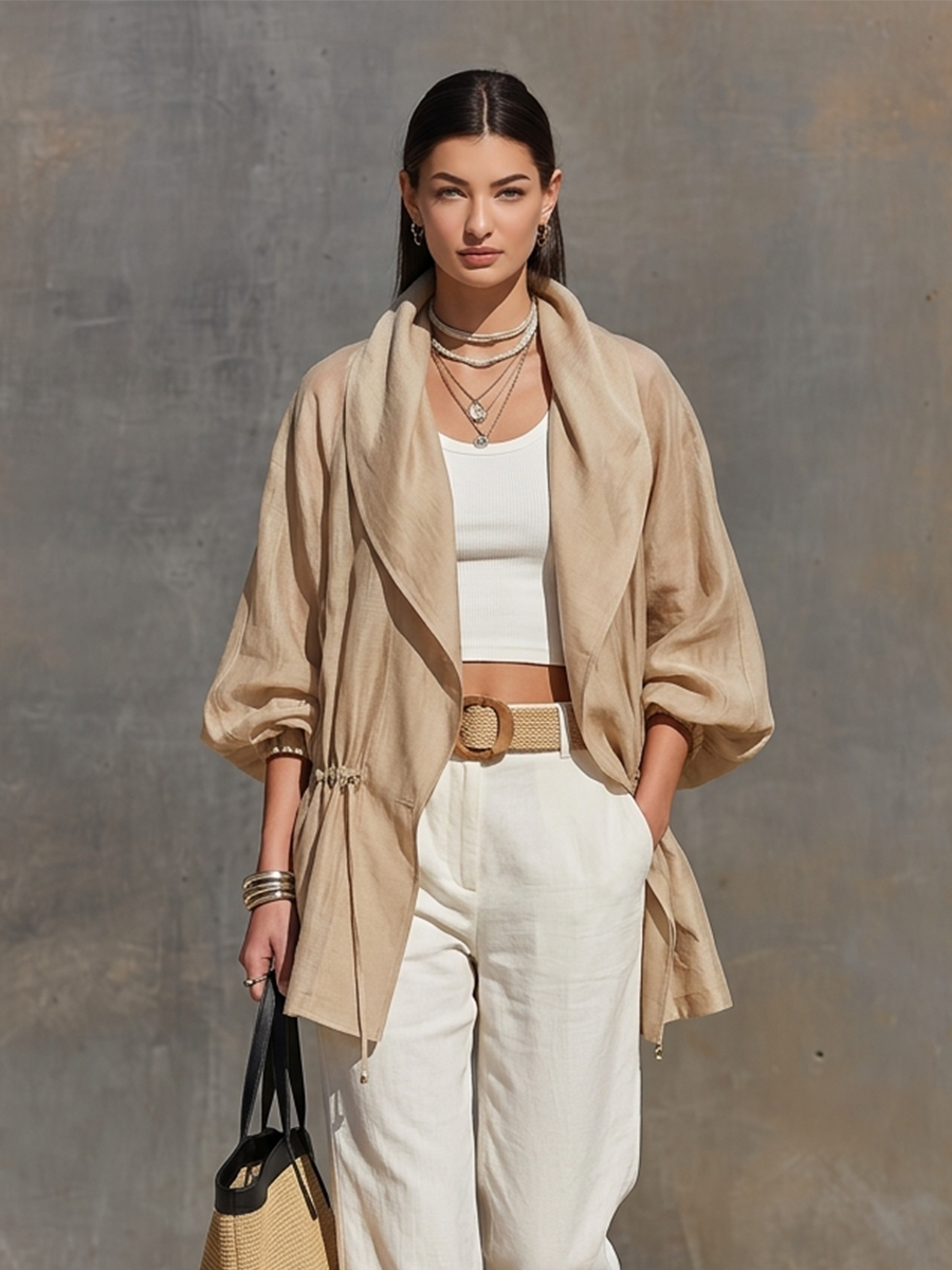 Women's Khaki Linen Blend Sheer Jacket With Lapel Collar Balloon Three Quarter Sleeves & Waist Drawstring, Minimalist Resort Lightweight Oversized Outerwear MDZ2240G0LYL