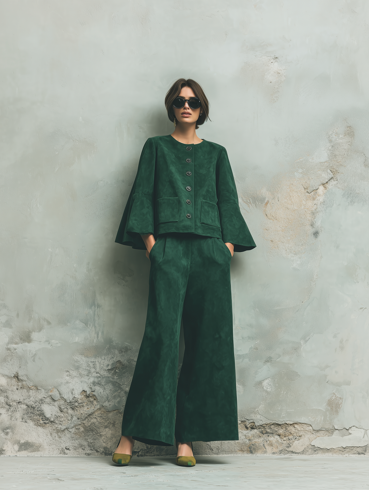 Women's Cape Sleeve Button Front Green Jacket MDZ2402H9YZJ