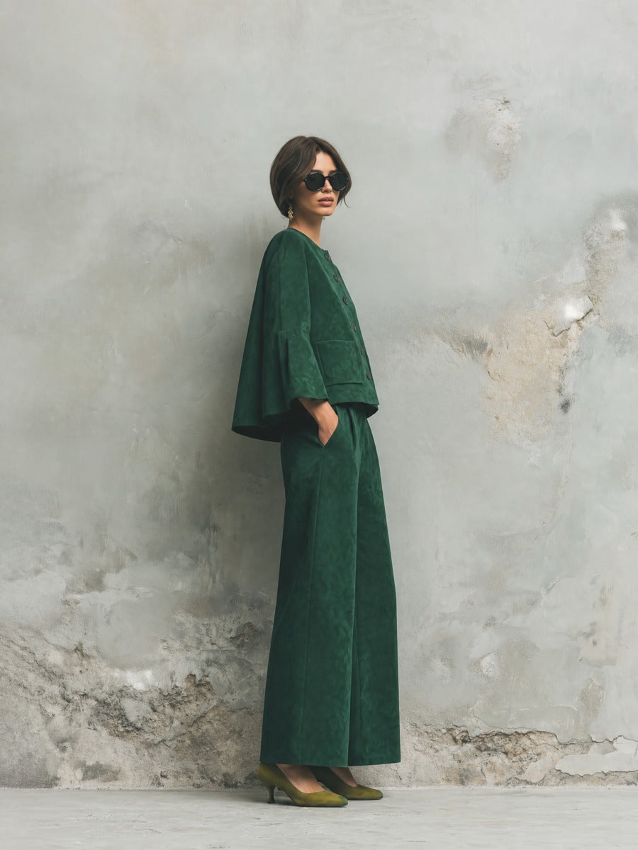 Women's Cape Sleeve Button Front Green Jacket MDZ2402H9YZJ