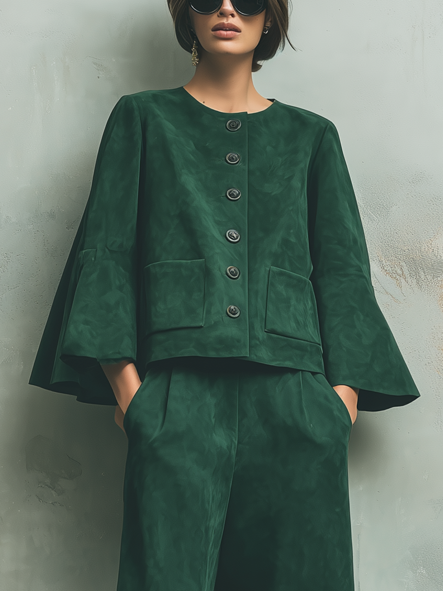 Women's Bell Sleeve Button Front Green Pants Set MDZ2493H3YZJ