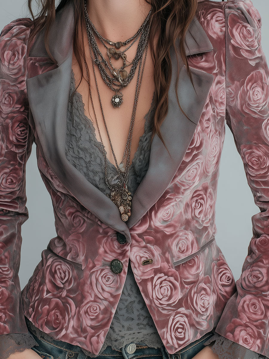 Elegant Velvet Rose-print Peak Lapels Slim-fit Blazer
