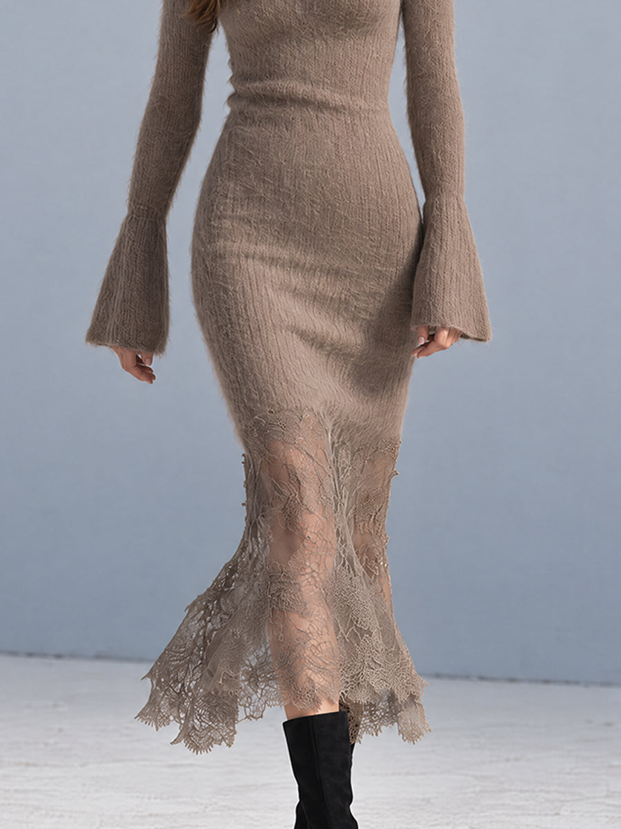 Taupe Nomad Lace-Hem Knit Midi Dress