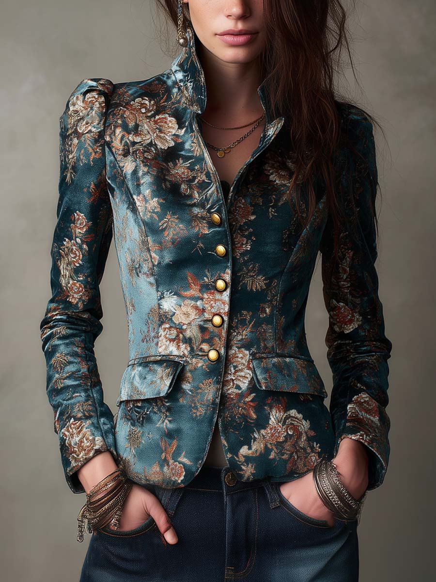 Vintage Floral Brocade Stand Collar Fitted Blazer Jacket