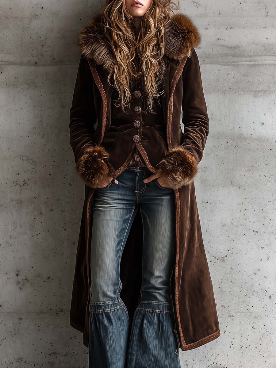 Brown Microfiber Suede Maxi Coat With Metal Buttons And Faux Fur Frim