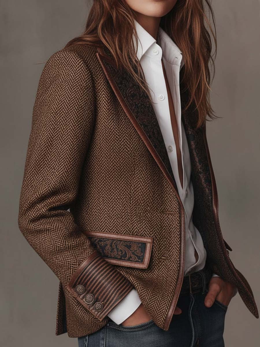 Herringbone Tweed Blazer With Printed Panels