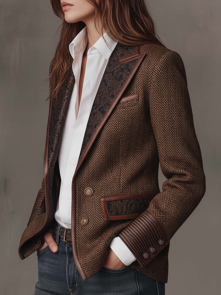 Herringbone Tweed Blazer With Printed Panels