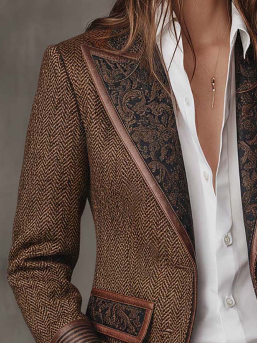 Herringbone Tweed Blazer With Printed Panels