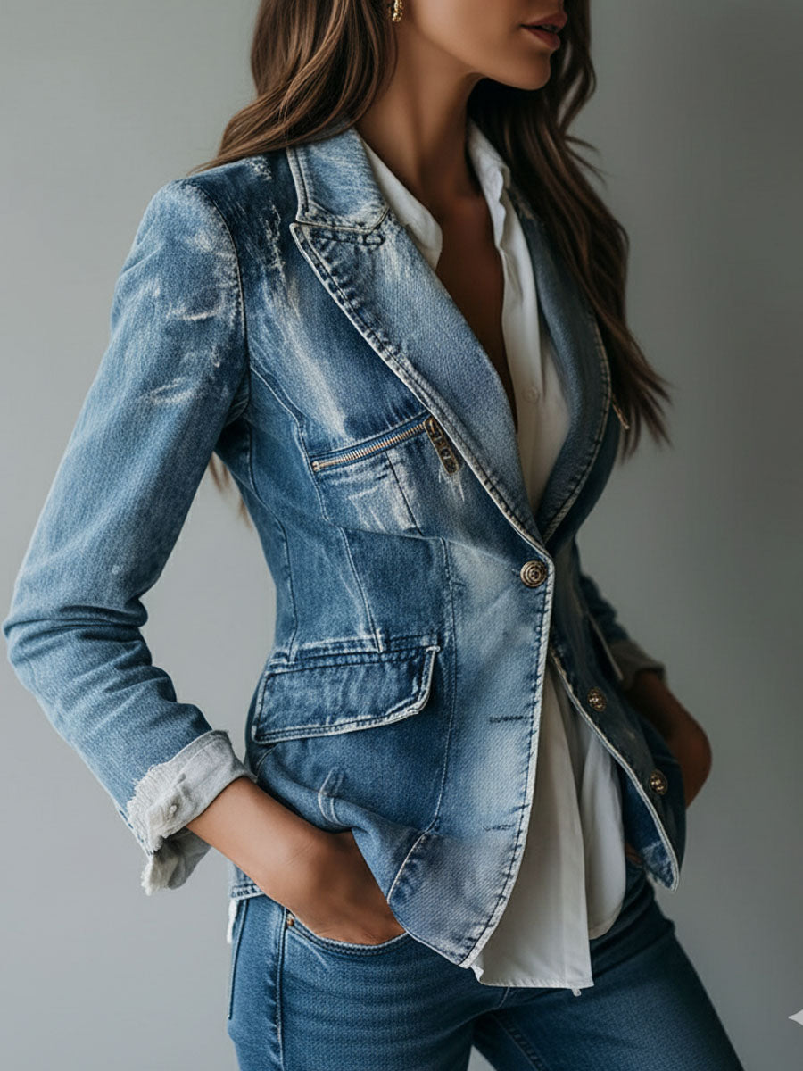 Vintage Effortless Tailoring Washed Denim Blazer