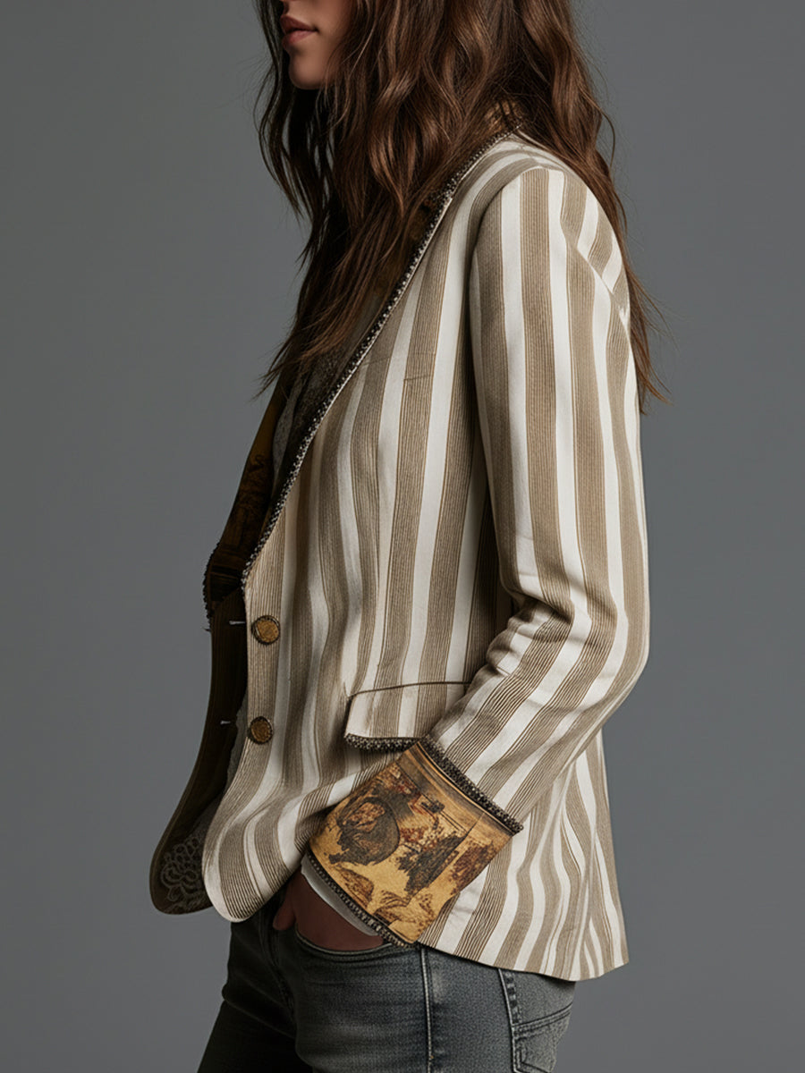 Bohemian Striped Cotton Blazer With Printed Lapels