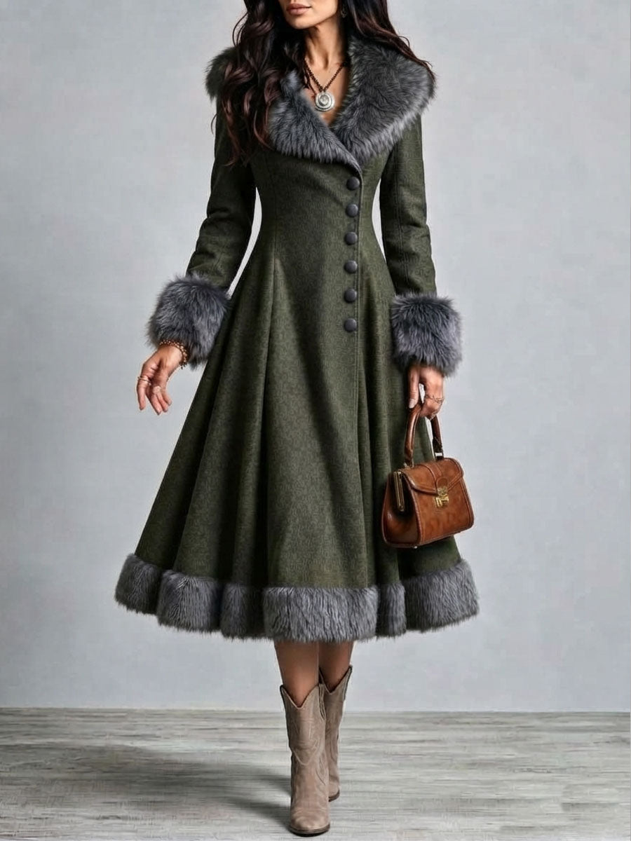 Boho Western Fur Trim Wool Fitted Waist Flare Skirt Long Dress Coat