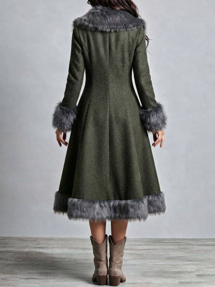 Boho Western Fur Trim Wool Fitted Waist Flare Skirt Long Dress Coat