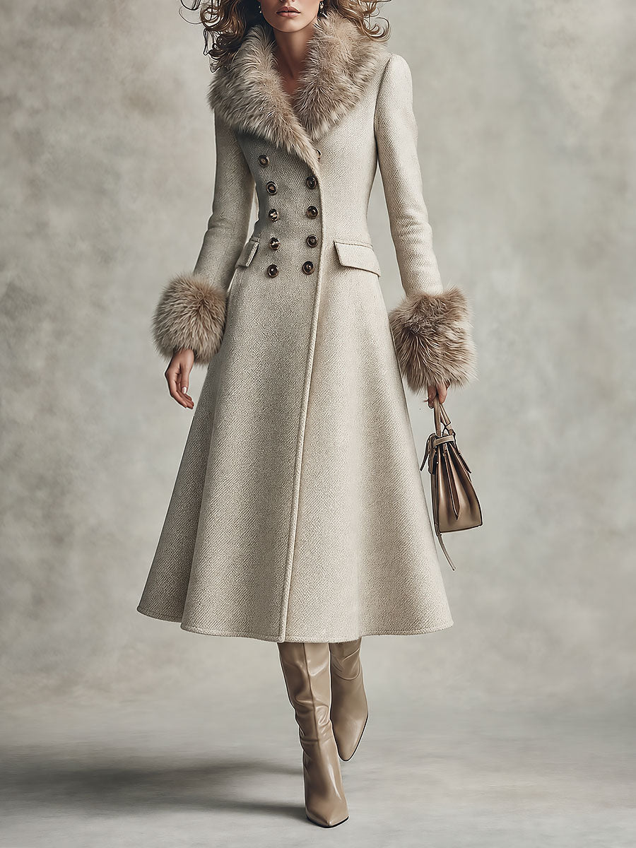 Quiet Luxury Fur-trimmed Collar Double-breasted Wool-blend Coat With Waist-cinching Fit