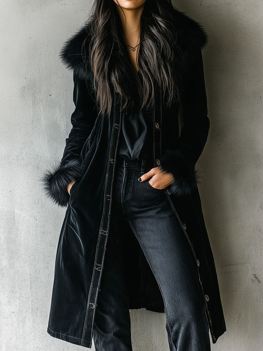 Elegant Tailoring Long Black Velvet Coat With Eco Fur Collar & Cuffs