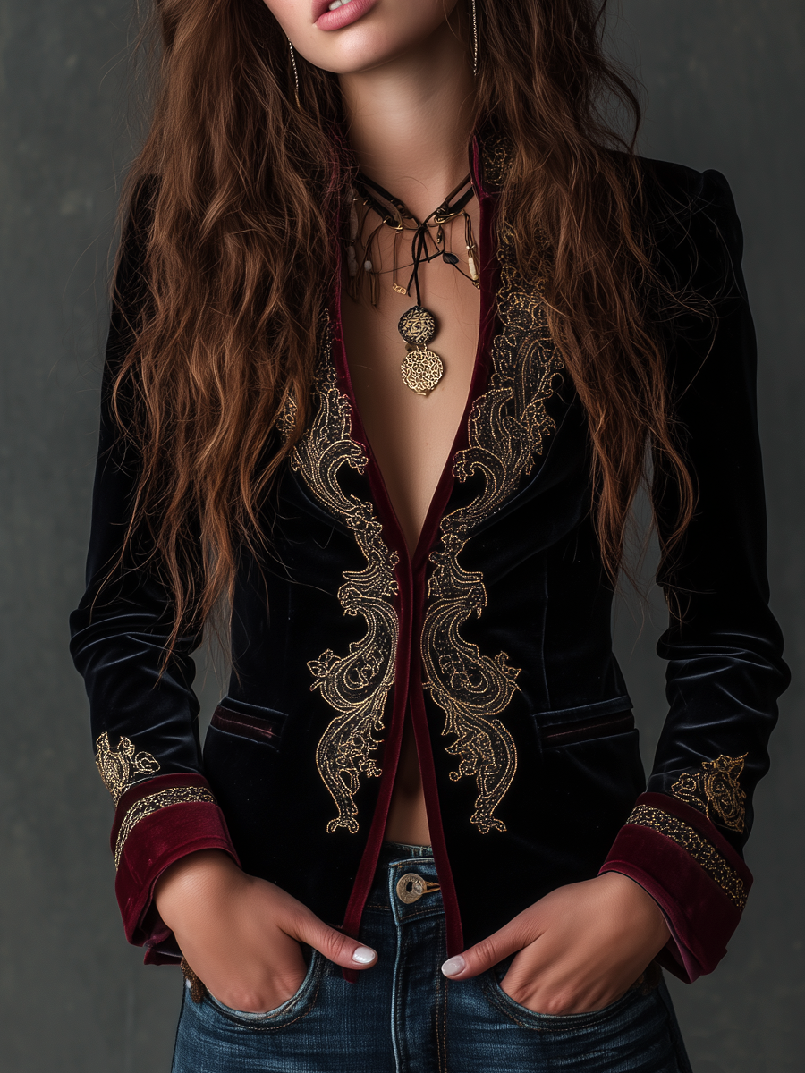 Vintage Baroque Embroidered Velvet Blazer