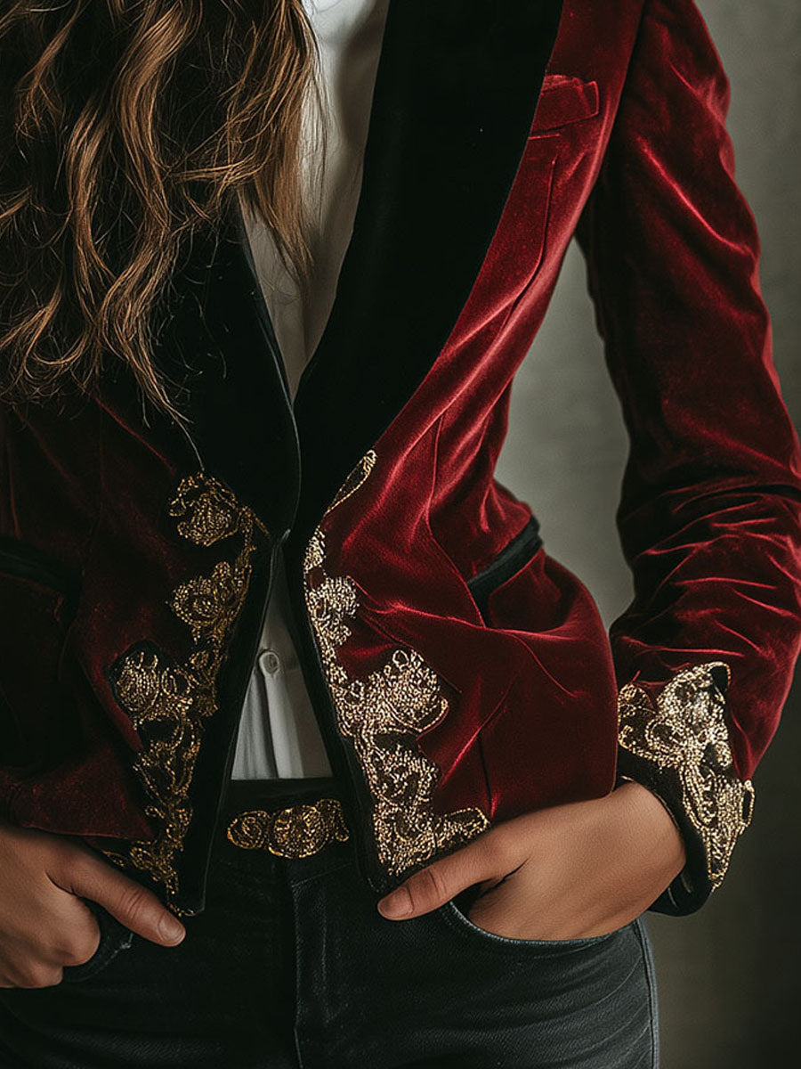 Elegant Black Collar Gold Luxury Embroidered Velvet Blazer