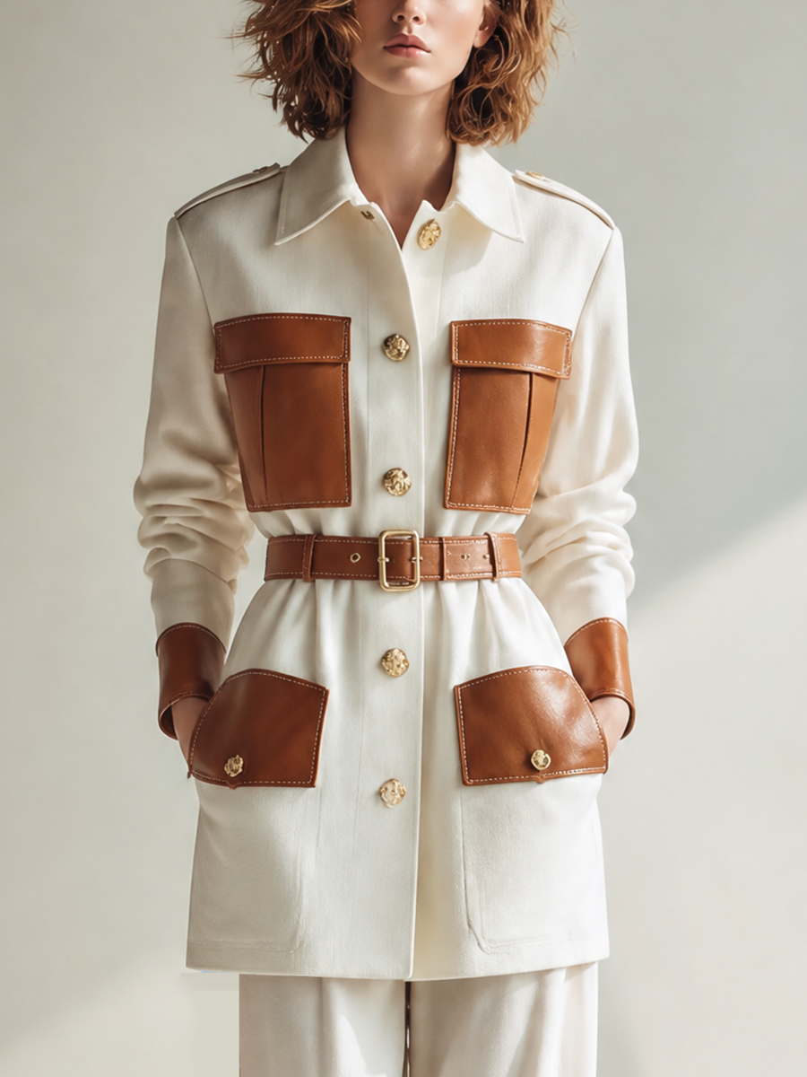 Women's Vintage Utility Contrast-Leather Collared Belted Single-Breasted Long-Sleeve Jacket MDZ0690H9CMX