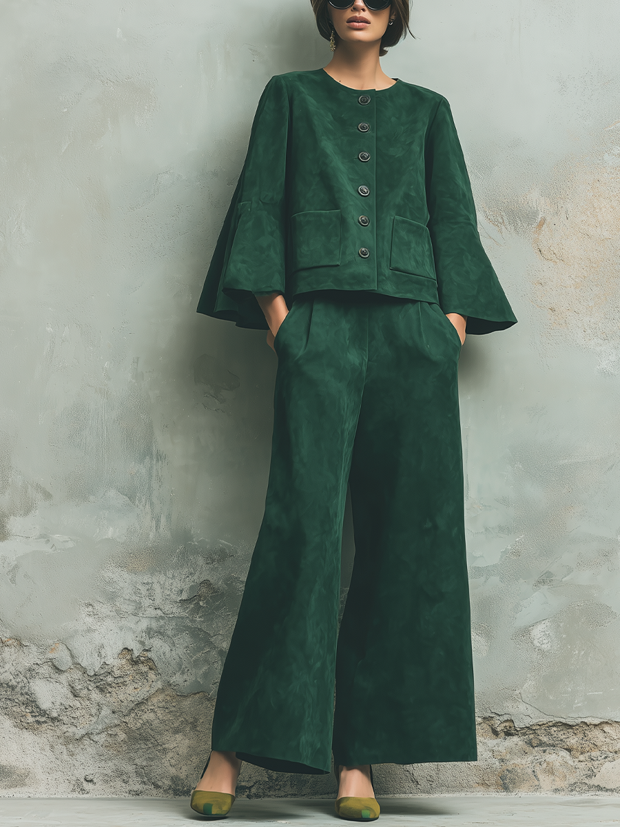Women's Bell Sleeve Button Front Green Pants Set MDZ2493H3YZJ