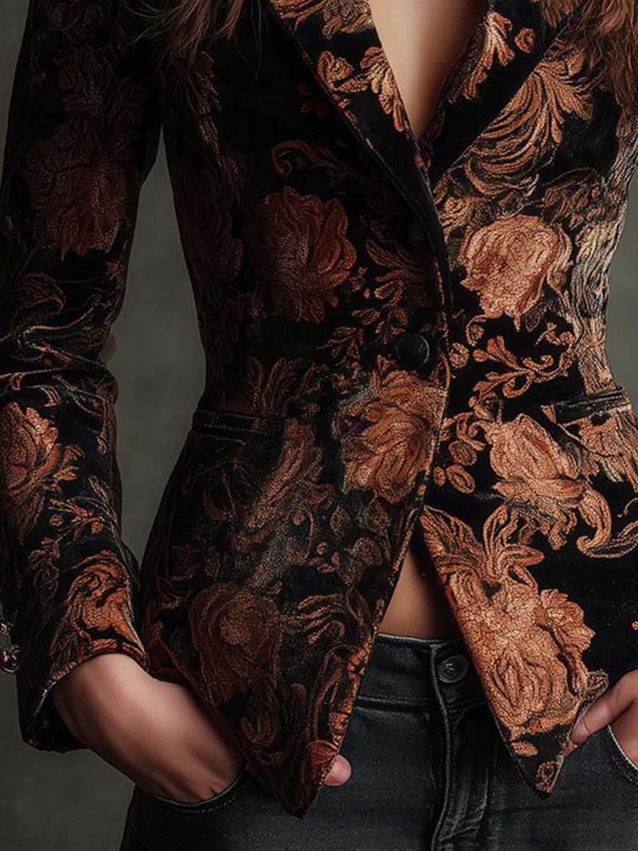 Velvet Floral Print Blazer In Black And Bronze