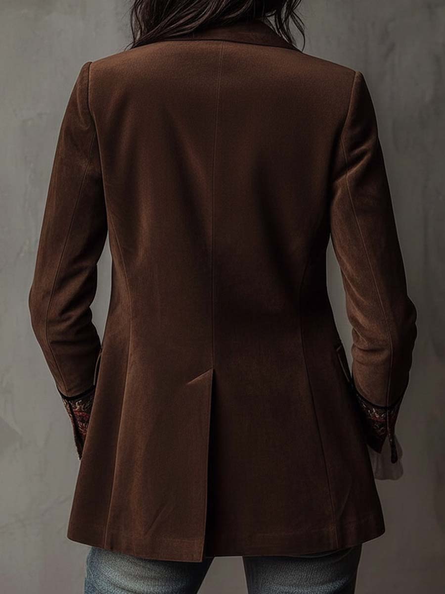 Vintage Brown Suede Blazer With Embroidered Details