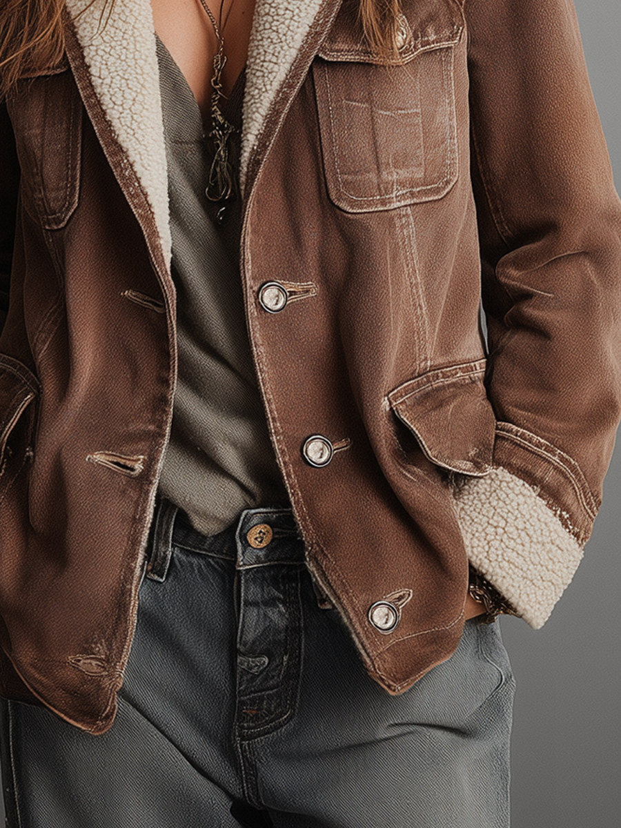 Retro Multi-pocket Faux Sherpa Lined Denim Coat