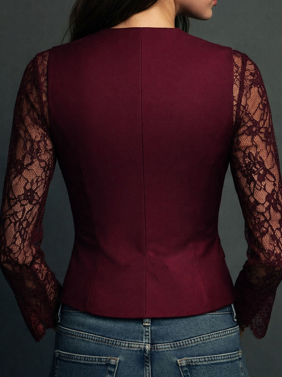 Elegant Black Lace Panel Sleeve Blazer Top