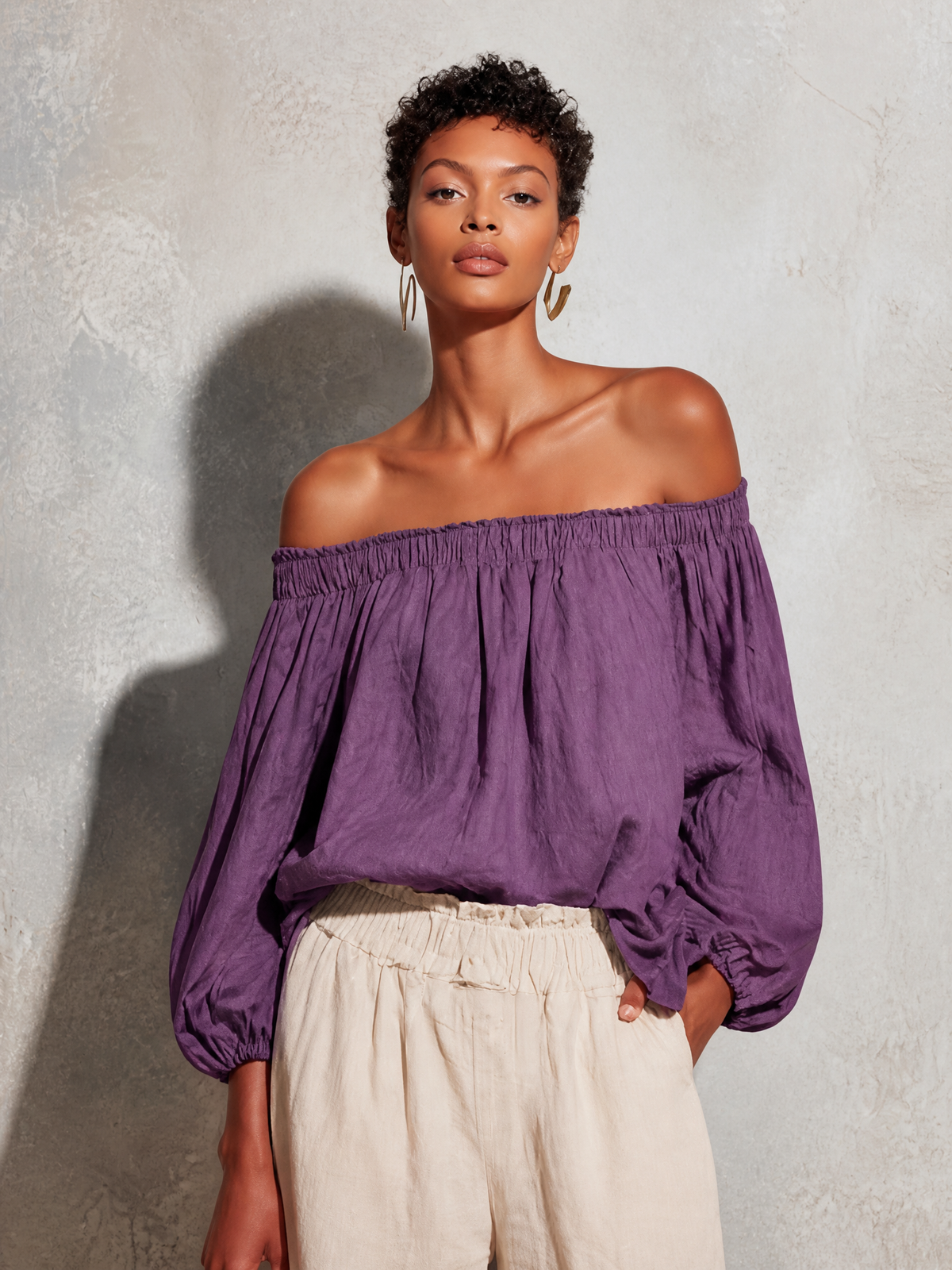 Women's Casual Style Purple Cotton And Linen Off-shoulder Long Lantern Sleeve Top MDZ0697E3GMJ