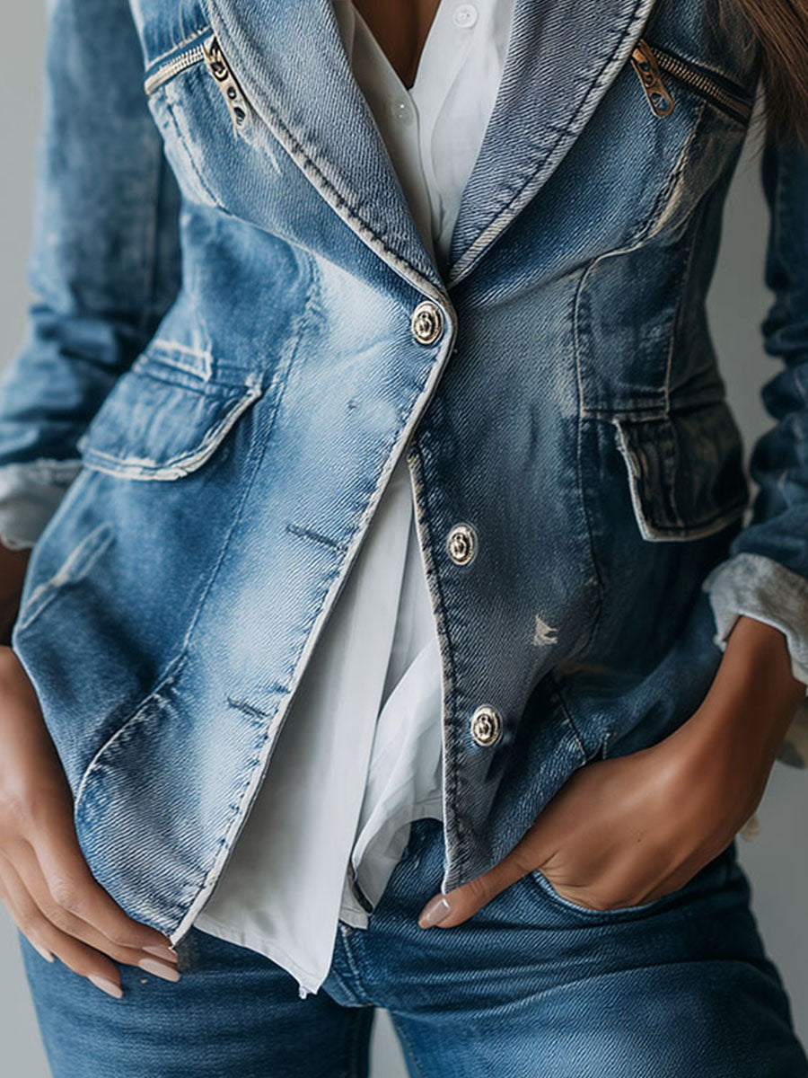 Vintage Effortless Tailoring Washed Denim Blazer