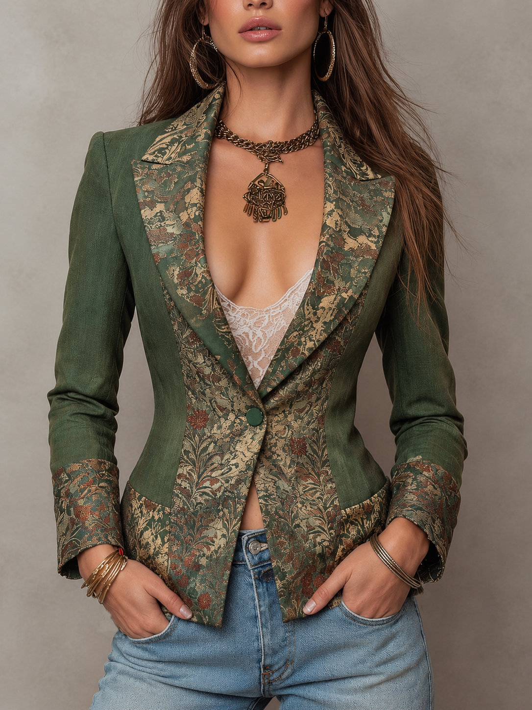 Vintage Floral Tapestry Contrast Lapel Cuff Single Button Fitted Olive Green Blazer