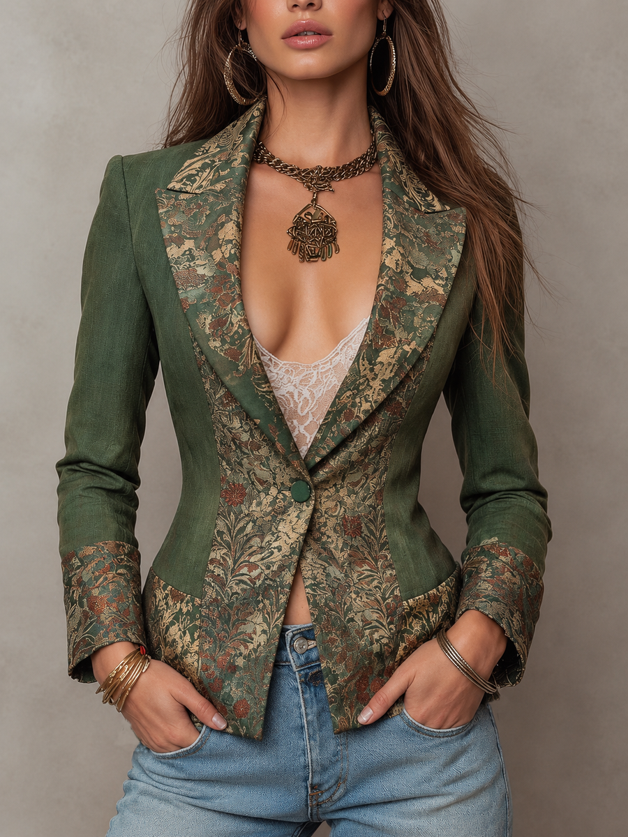 Vintage Floral Tapestry Contrast Lapel Cuff Single Button Fitted Olive Green Blazer