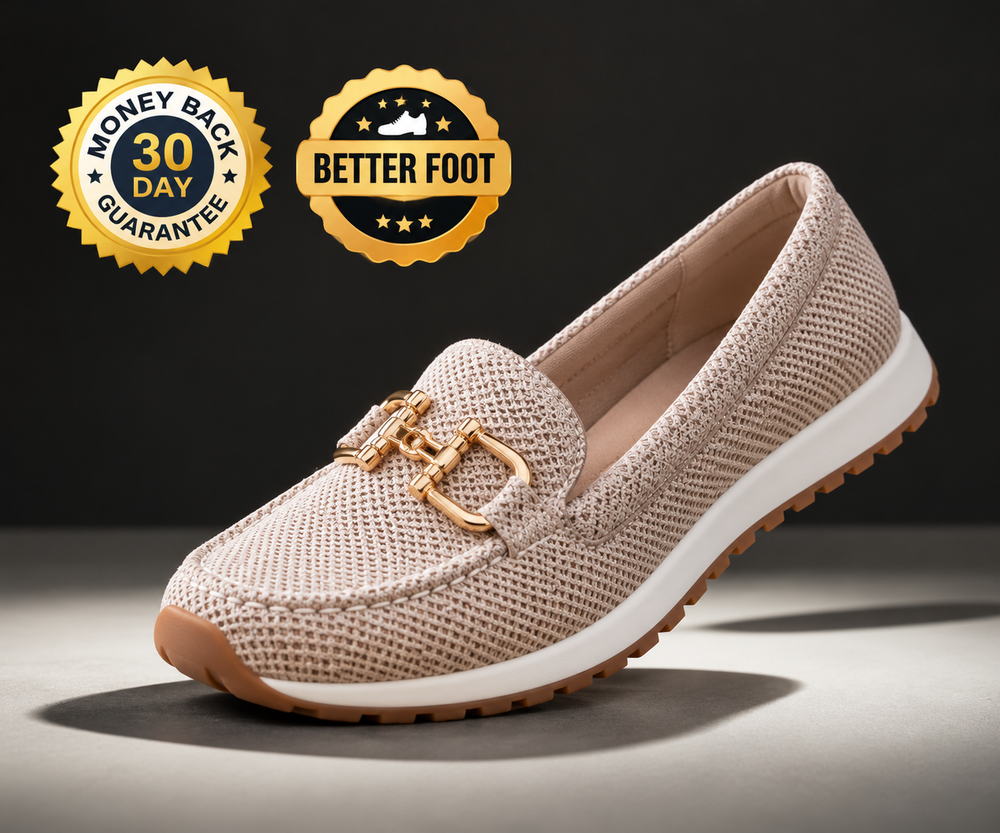 Beige woven loafer sneaker with a gold-tone buckle