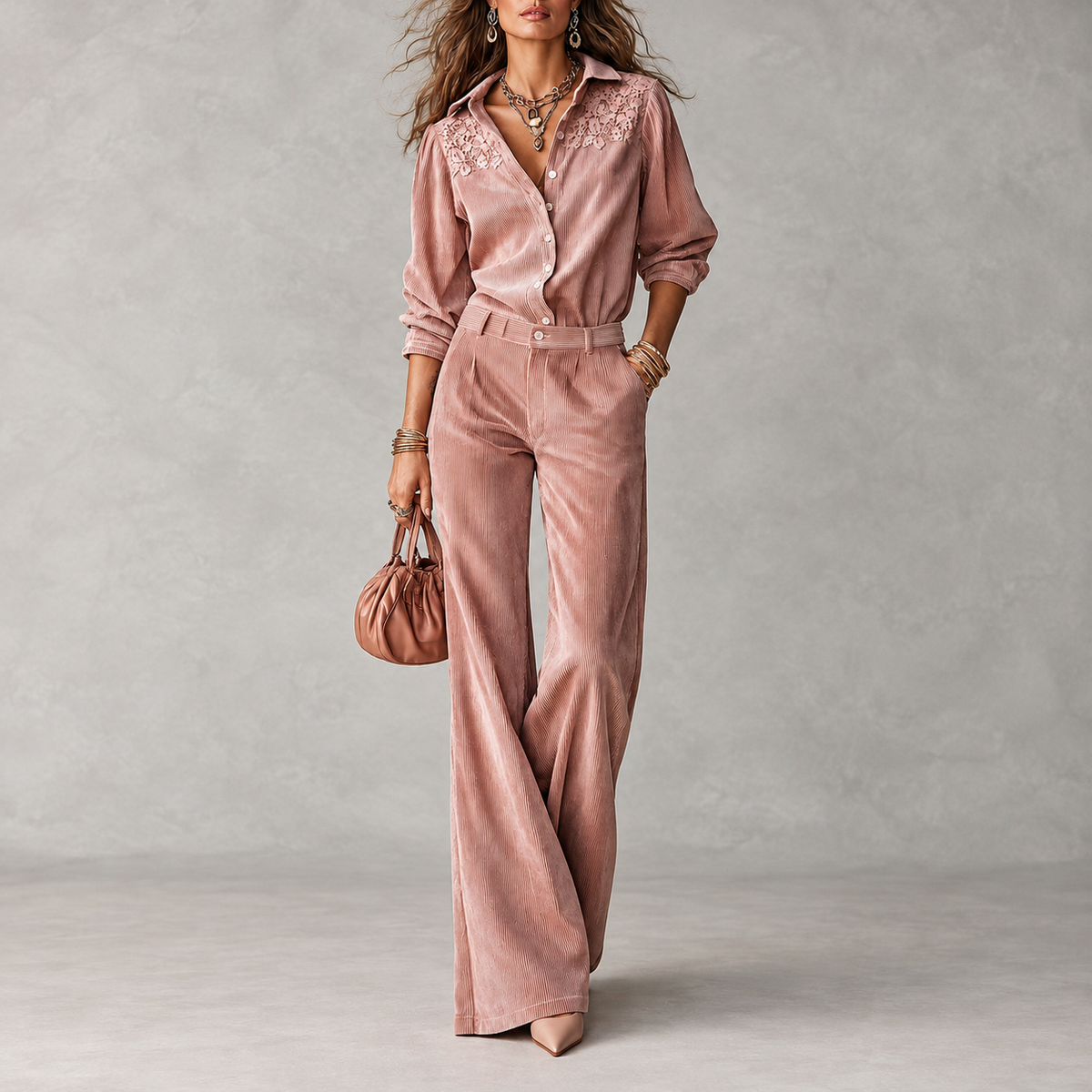 Boho Corduroy Lace-Trim Shirt & Wide-Leg Pants Set