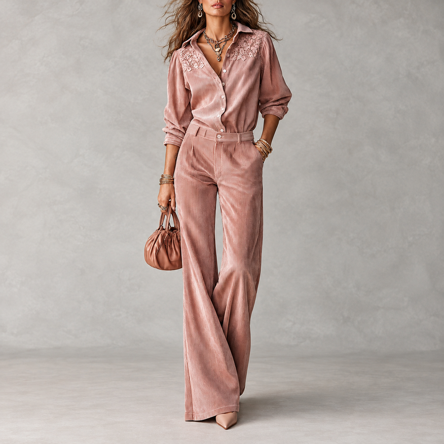 Boho Corduroy Lace-Trim Shirt & Wide-Leg Pants Set