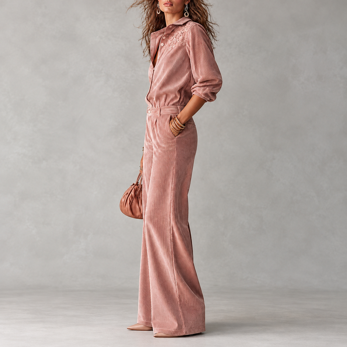 Boho Corduroy Lace-Trim Shirt & Wide-Leg Pants Set