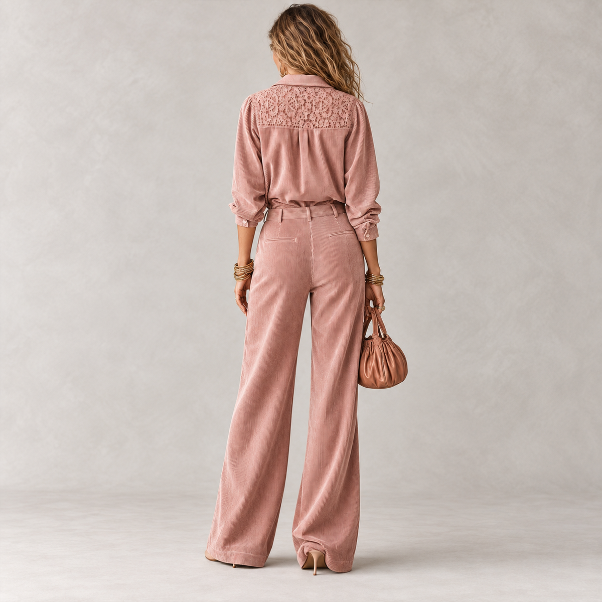 Boho Corduroy Lace-Trim Shirt & Wide-Leg Pants Set
