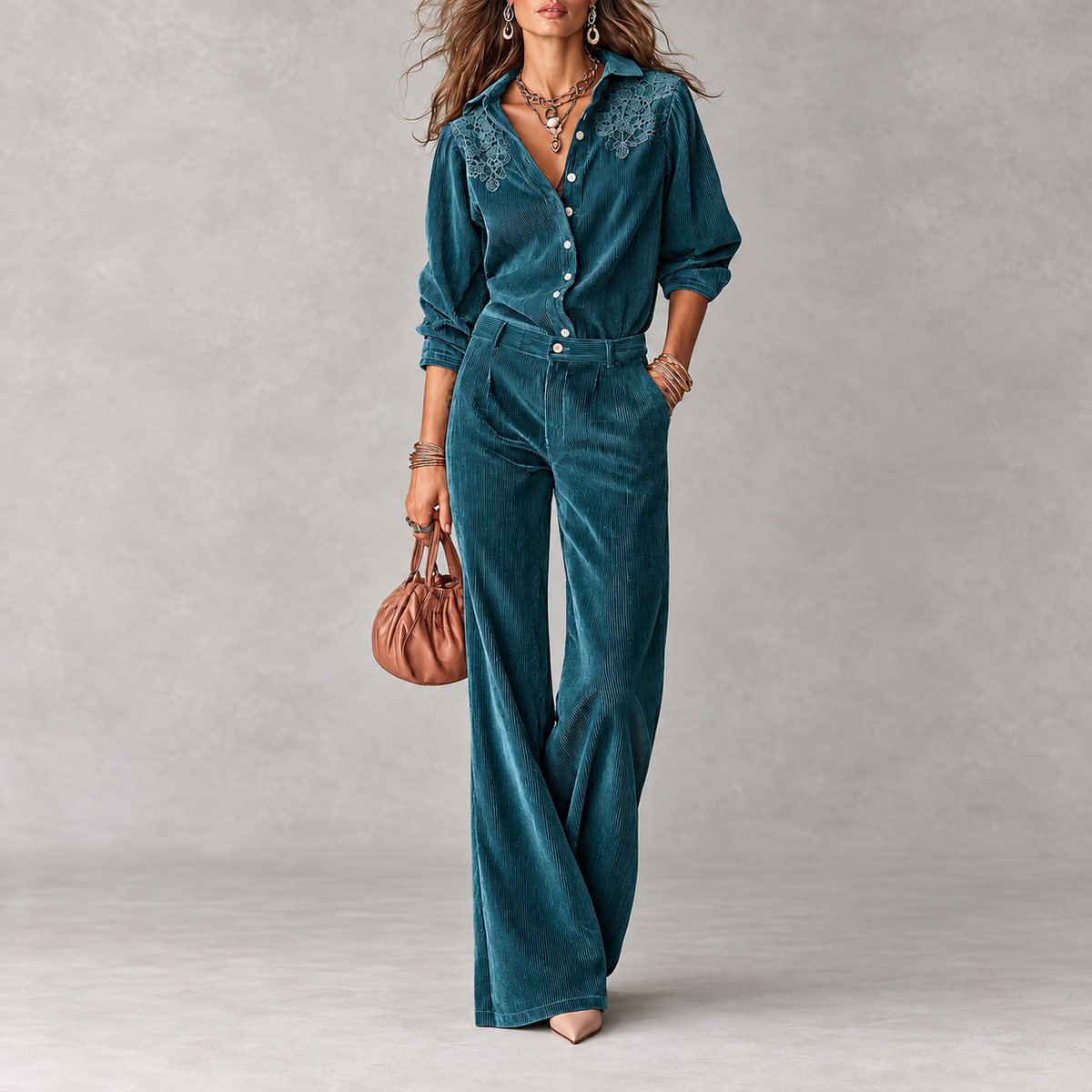 Boho Corduroy Lace-Trim Shirt & Wide-Leg Pants Set