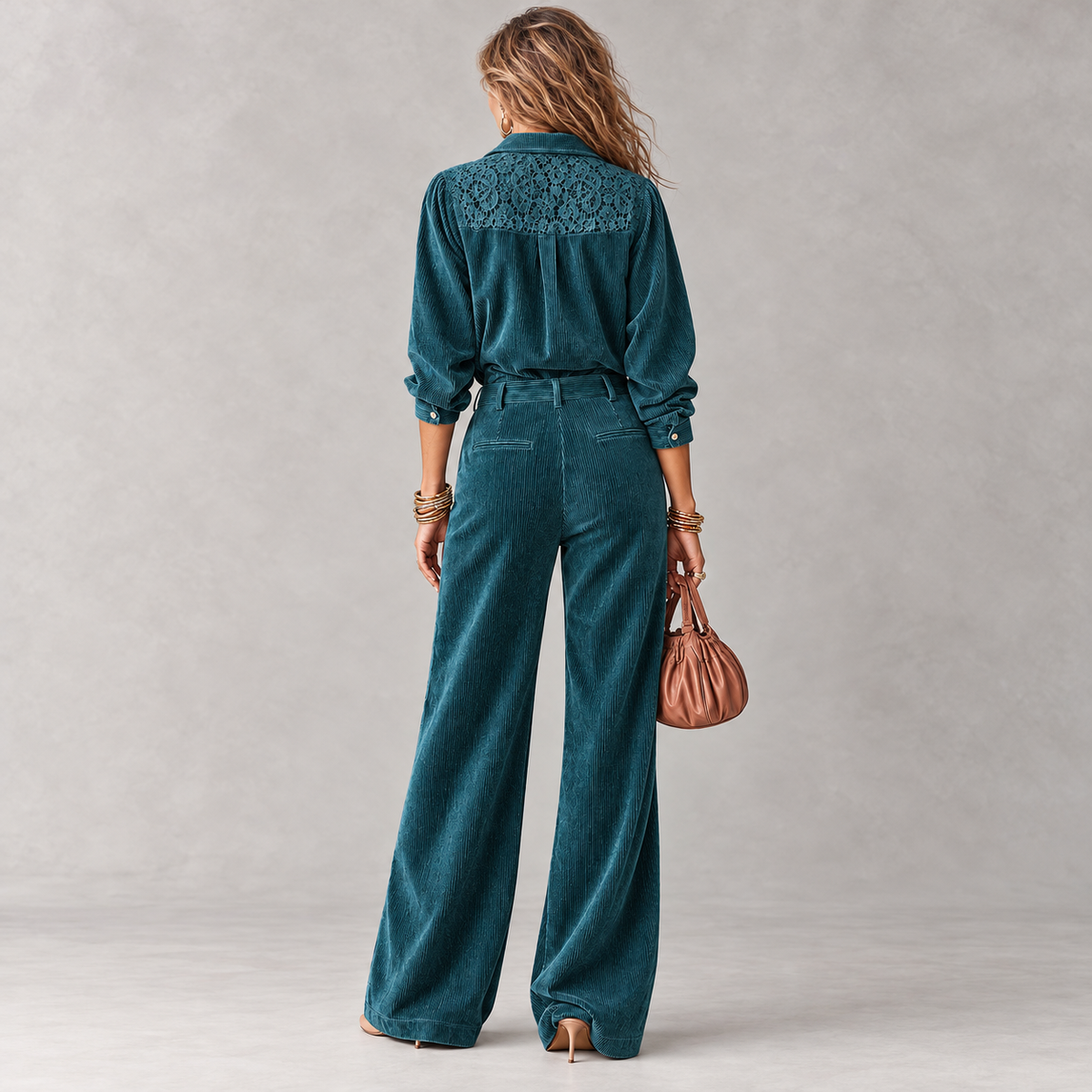 Boho Corduroy Lace-Trim Shirt & Wide-Leg Pants Set